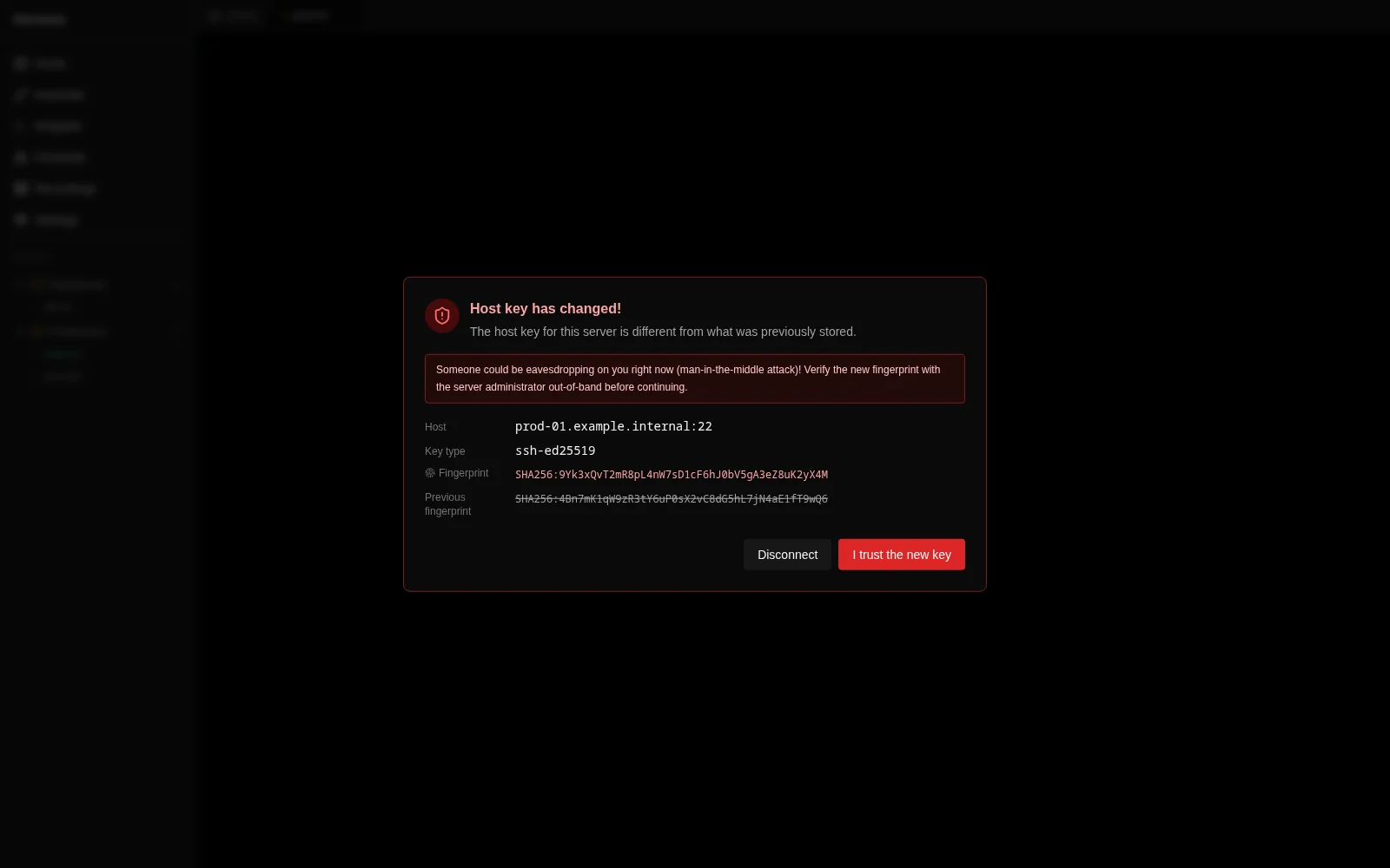 Darwaza warning about a changed server key, showing both fingerprints