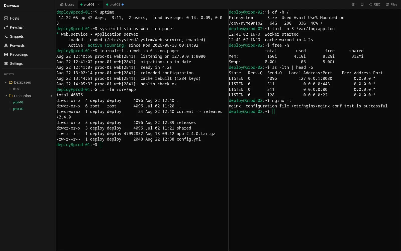 Darwaza terminal with several SSH sessions in side-by-side panes