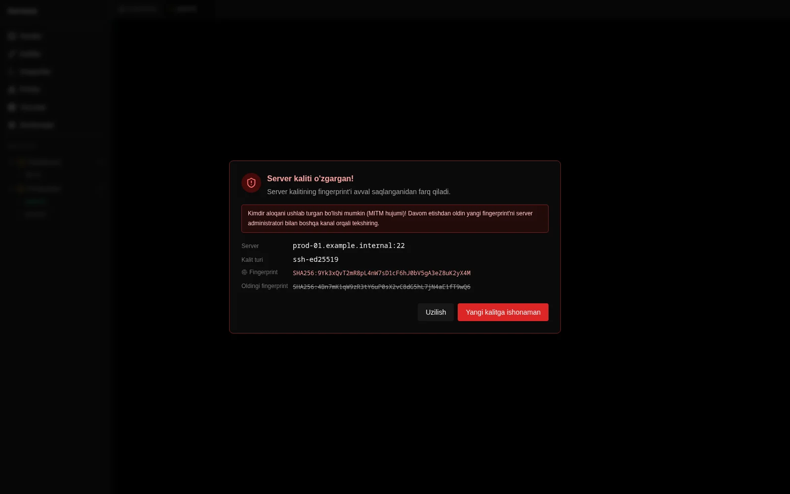 Darwaza server kaliti o‘zgargani haqida ogohlantiradi, ikkala izni ko‘rsatib